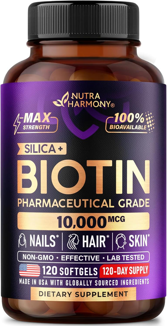 Biotin 10000 mcg with Silicon - Pharmaceutical Grade Biotin Supplement for Women - Hair Growth Support, Skin & Nails - Max Strength & 100% Bioavailability - Lab Tested - 120 Softgels, 120 Days Supply