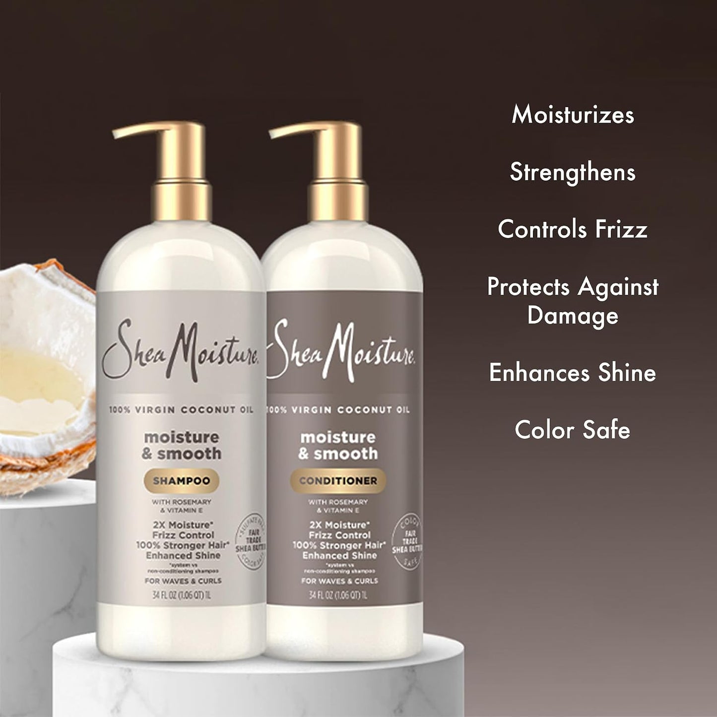 SheaMoisture Shampoo & Conditioner Set, Moisture & Smooth, 34 Oz Ea | Gentle Moisture for Curly Hair, Wavy Styles | Hair Strengthening Rosemary & Vitamin E | Frizz Control, Hair Repair & Shine