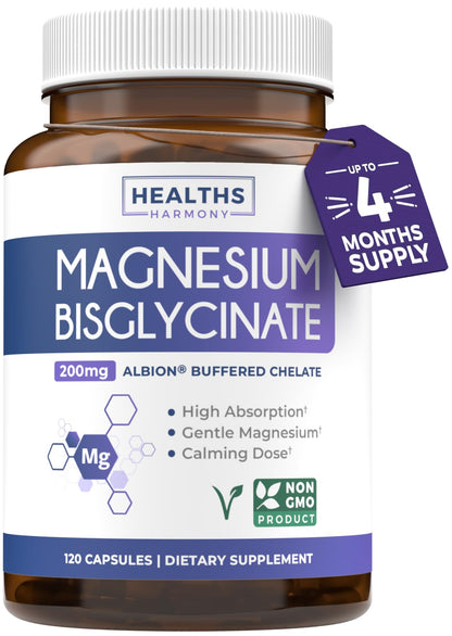 High Absorption Magnesium Bisglycinate Capsules - Clinically Validated Buffered and Chelated Magnesium Supplement - 1 Daily Vegan Capsule with Lab Verified Gentle 200mg Serving (4 Month Supply)