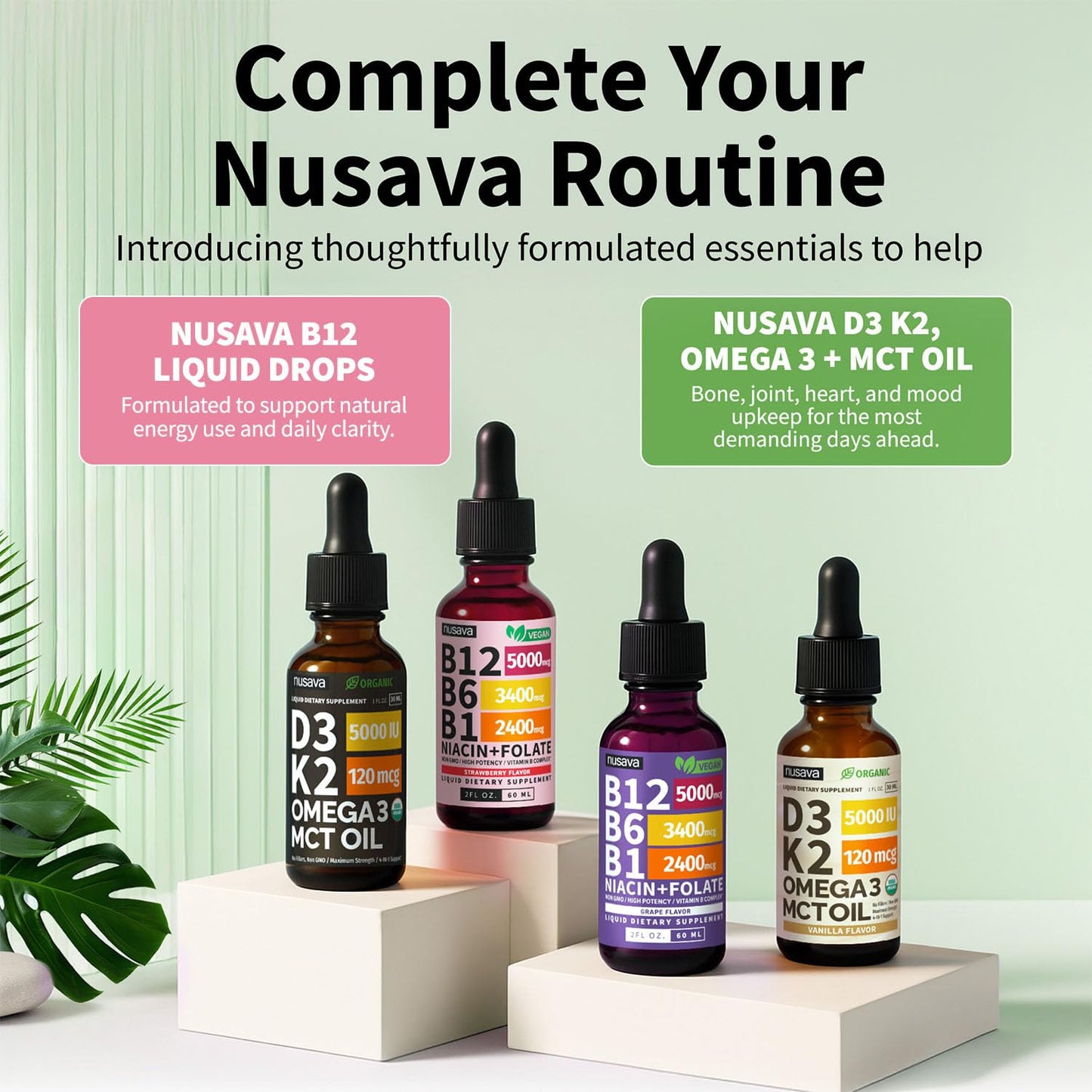 NUSAVA (2 Pack) Vitamin B12 Liquid Drops with B6, B1, Niacin & Folate — B12 Sublingual Vitamin B Complex, Methylcobalamin 5000 mcg, for Energy, Brain & Heart Support, Raspberry Flavor, 80 Servings
