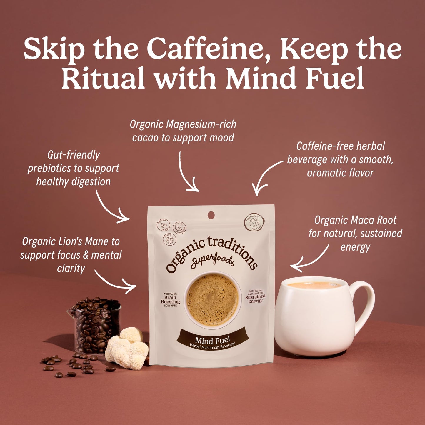 Organic Traditions Mind Fuel Instant Mushroom Coffee Alternative, Caffeine Free Lion’s Mane and Maca Herbal Drink with Dandelion, Chicory, Roasted Grain Blend, Natural Focus Support, 140g / 5oz