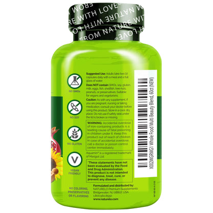 NATURELO Whole Food Multivitamin with Extra Hair, Skin and Nails Support - Beauty Blend with Hyaluronic Acid & Grape Seed - High Potency Biotin, Vitamin C, and Glutathione - 60 Vegan Capsules
