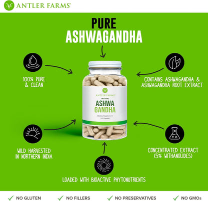 Antler Farms Ashwagandha Root & Extract - 130 Capsules, 1200mg | 100% Pure Organic Ashwagandha Capsules, Standardized to 5% Withanolides, Enhances Mental Performance, Energy, and Immunity