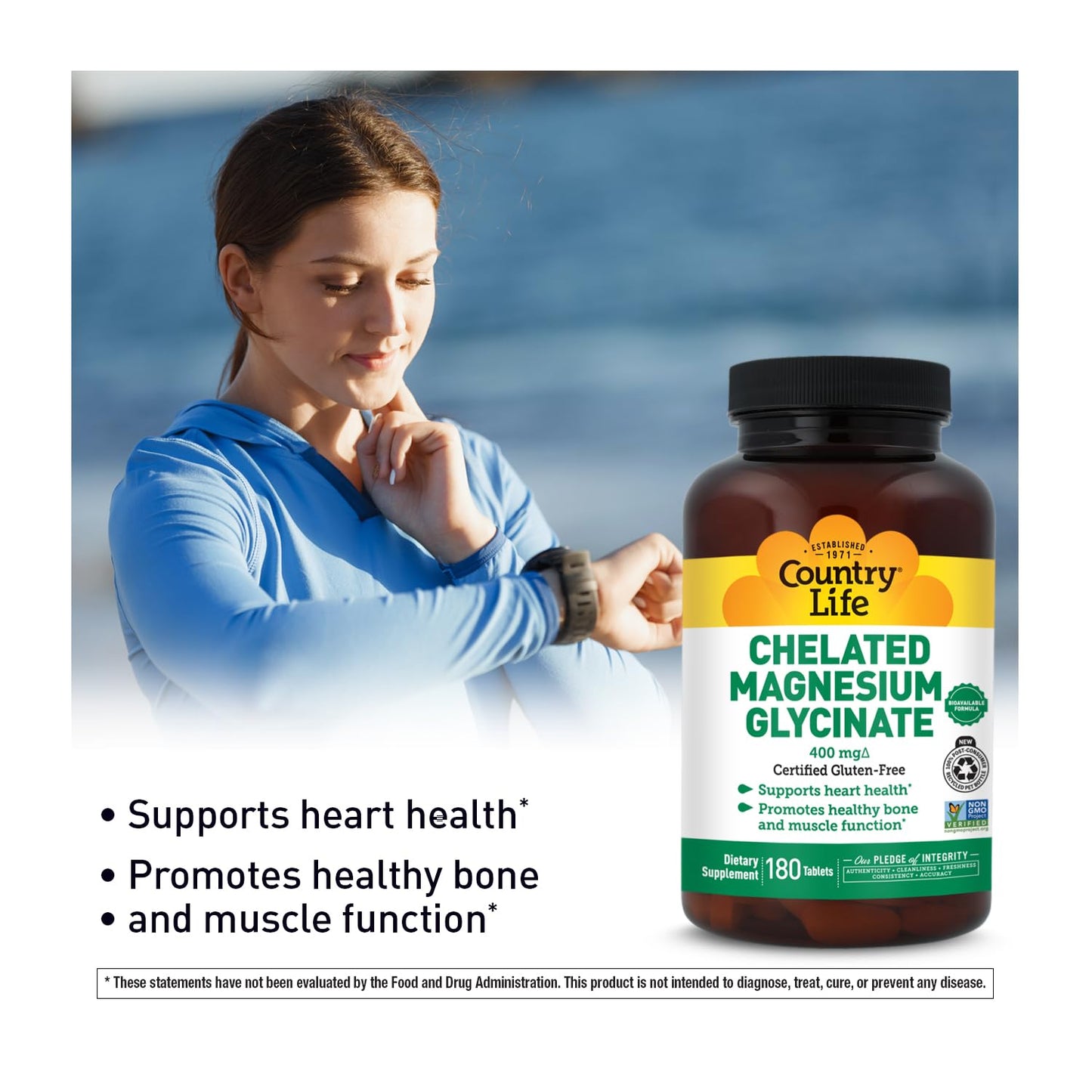 Country Life Chelated Magnesium Glycinate 400mg – High Absorption Magnesium Supplement for Muscle Relaxation, Energy, Bone & Immune Support – Gluten-Free, Vegan, Halal, Non-GMO Verified - 180 Tablets