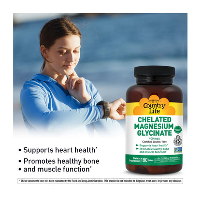 Country Life Chelated Magnesium Glycinate 400mg – High Absorption Magnesium Supplement for Muscle Relaxation, Energy, Bone & Immune Support – Gluten-Free, Vegan, Halal, Non-GMO Verified - 180 Tablets