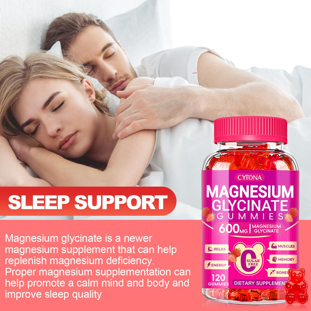 Magnesium Glycinate Gummies 600mg, Sugar Free Magnesium Gummies for Adults