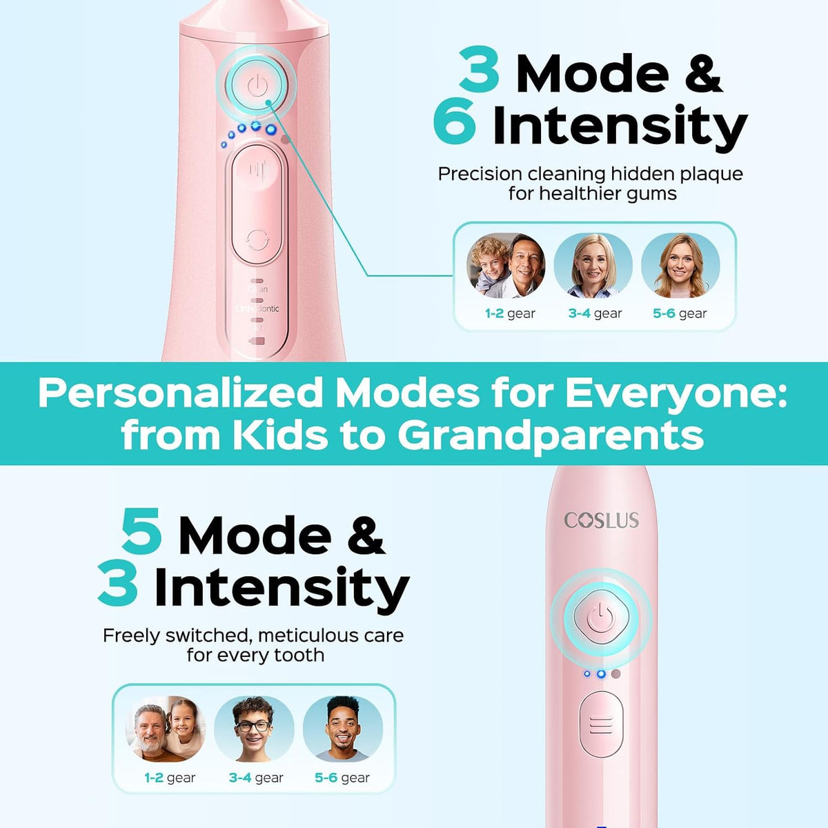 COSLUS C51C30 Water Flosser Electric Toothbrush Combo, Pink Oral Clean Kit