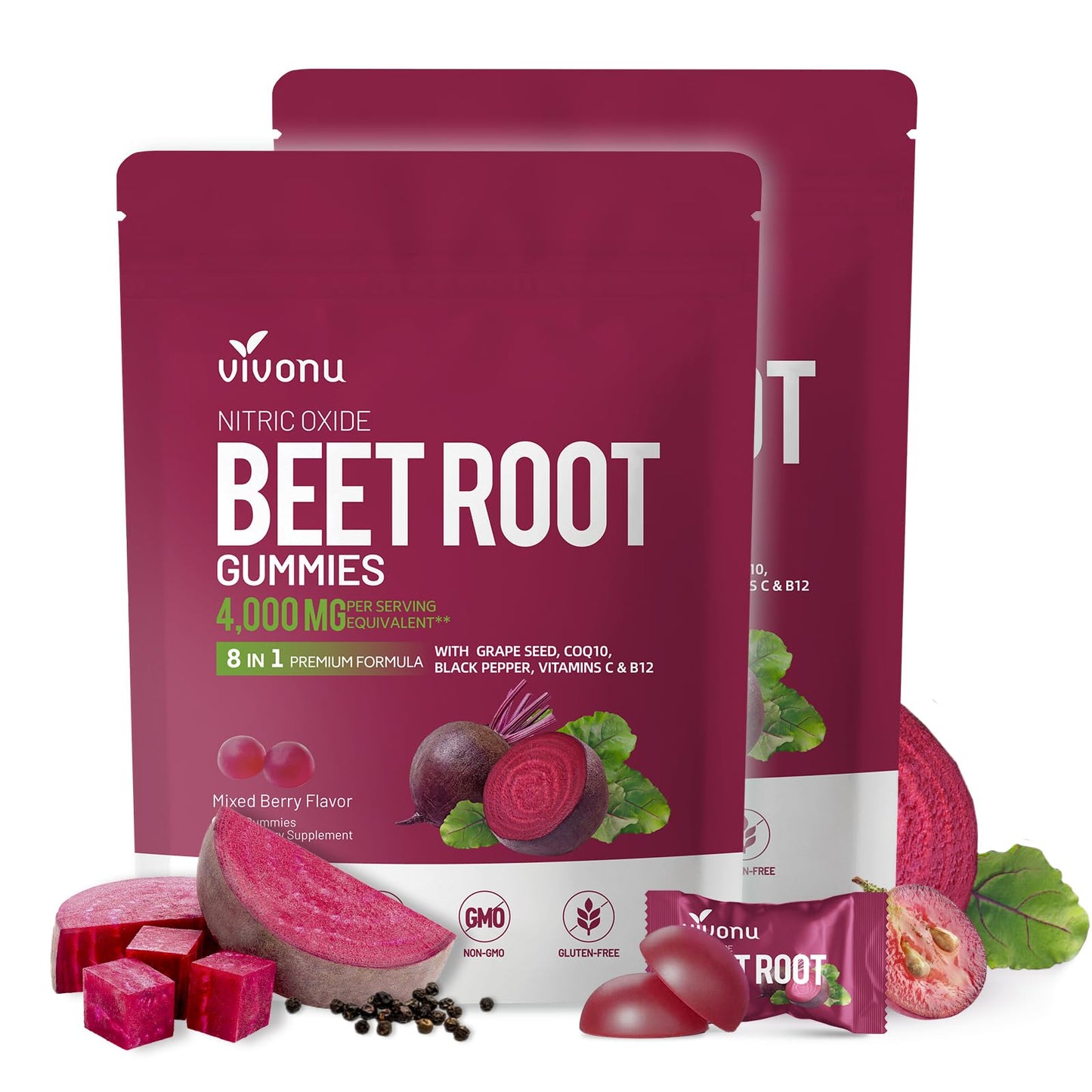 VivoNu Beet Root Gummies 8-in-1 Premium Energy Supplement with CoQ10, Beetroot Extract, Grape Seed Extract, Black Pepper Extract, Vitamins C & B12, L-Arginine & L-Citrulline