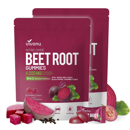 VivoNu Beet Root Gummies 8-in-1 Premium Energy Supplement with CoQ10, Beetroot Extract, Grape Seed Extract, Black Pepper Extract, Vitamins C & B12, L-Arginine & L-Citrulline