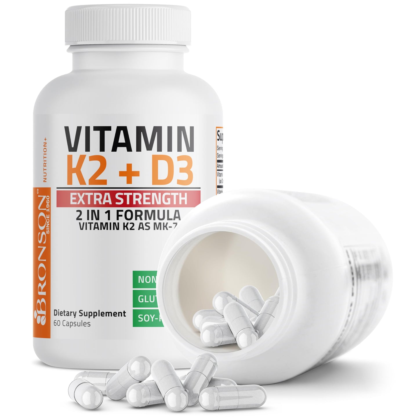 Bronson Vitamin K2 D3 (MK7) Extra Strength D3 & K2 Complex, 120 Capsules | Bone, Immune & Heart Health Support, Gluten Free, Soy Free, Non-GMO, Vitamin D3 10,000IU (250 mcg) & 120 mcg K2 MK-7