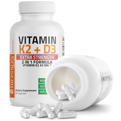 Bronson Vitamin K2 D3 (MK7) Extra Strength D3 & K2 Complex, 120 Capsules | Bone, Immune & Heart Health Support, Gluten Free, Soy Free, Non-GMO, Vitamin D3 10,000IU (250 mcg) & 120 mcg K2 MK-7