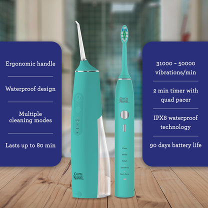 GuruNanda Lion & Lamb Kit (Teal) - Portable Water Flosser (300ml) with 4 Jet Tips & 5000