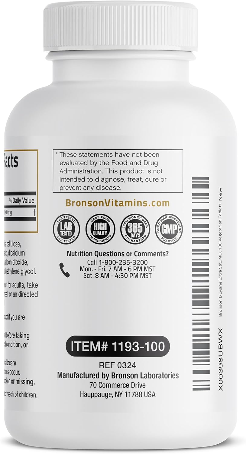 Bronson L-Lysine Extra Strength 1000 MG per Tablet High Potency, Immune Support & Supports Collagen Synthesis, Non-GMO, 100 Vegetarian Tablets