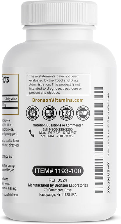 Bronson L-Lysine Extra Strength 1000 MG per Tablet High Potency, Immune Support & Supports Collagen Synthesis, Non-GMO, 100 Vegetarian Tablets