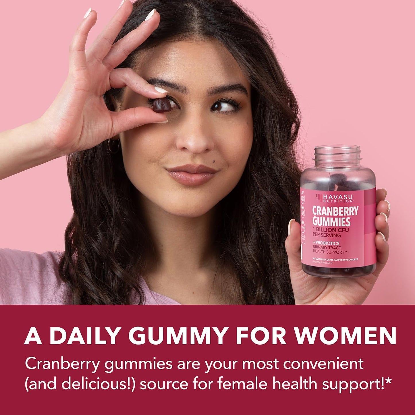 Cranberry Probiotic Gummies, Cran-Raspberry, 60ct, Bladder Support | Probiotic Cranberry Gummies for Women, Urinary Tract Health & pH Balance, 1 Billion CFU of Lactobacillus, Vaginal Wellness