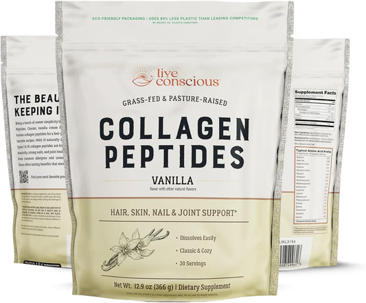 Live Conscious Collagen Peptides Powder - Vanilla Flavored Collagen - Hair, Skin, Nail, & Joint Support - Type I & III Grass-Fed Collagen Supplements for Women and Men - 30 Servings - 13oz (2-Pack)