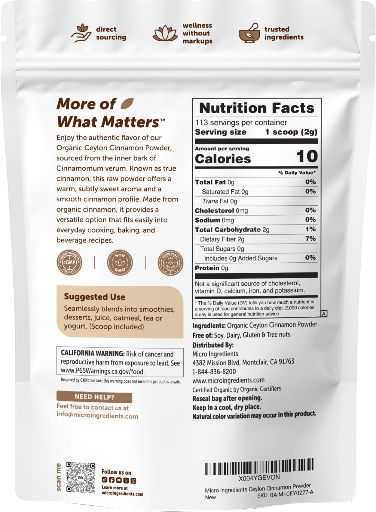 Micro Ingredients Organic Ceylon Cinnamon Powder, 8 oz | Sri Lanka Source | True Cinnamon for Spice & Seasoning | Great for Baking, Cooking, & Drinks | Additive Free, Non-GMO