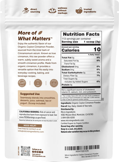 Micro Ingredients Organic Ceylon Cinnamon Powder, 8 oz | Sri Lanka Source | True Cinnamon for Spice & Seasoning | Great for Baking, Cooking, & Drinks | Additive Free, Non-GMO