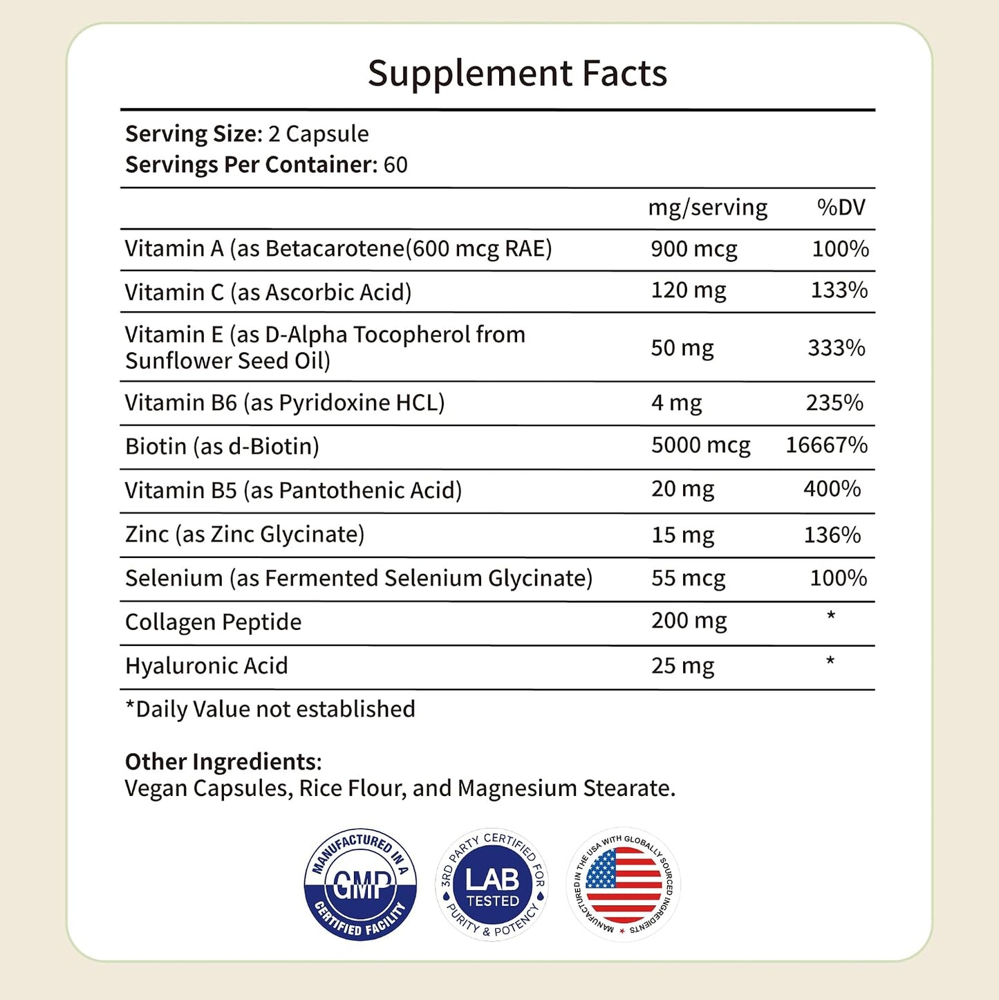 Collagen Peptides & Hyaluronic Acid Supplement with Vitamins A, C, E, B6, Biotin, Zinc & Selenium – Skin Hydration, Hair Growth & Nail Strength Complex for Women & Men