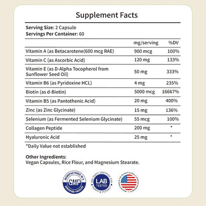 Collagen Peptides & Hyaluronic Acid Supplement with Vitamins A, C, E, B6, Biotin, Zinc & Selenium – Skin Hydration, Hair Growth & Nail Strength Complex for Women & Men