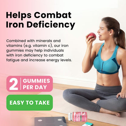Iron Gummies with Multivitamin, Iron Supplement for Women & Men with Zinc, Vitamin B Complex & C, B12, Folate - Blood Builder & Energy Support for Adults & Kids - Strawberry Flavor, Vegan 60 Gummies