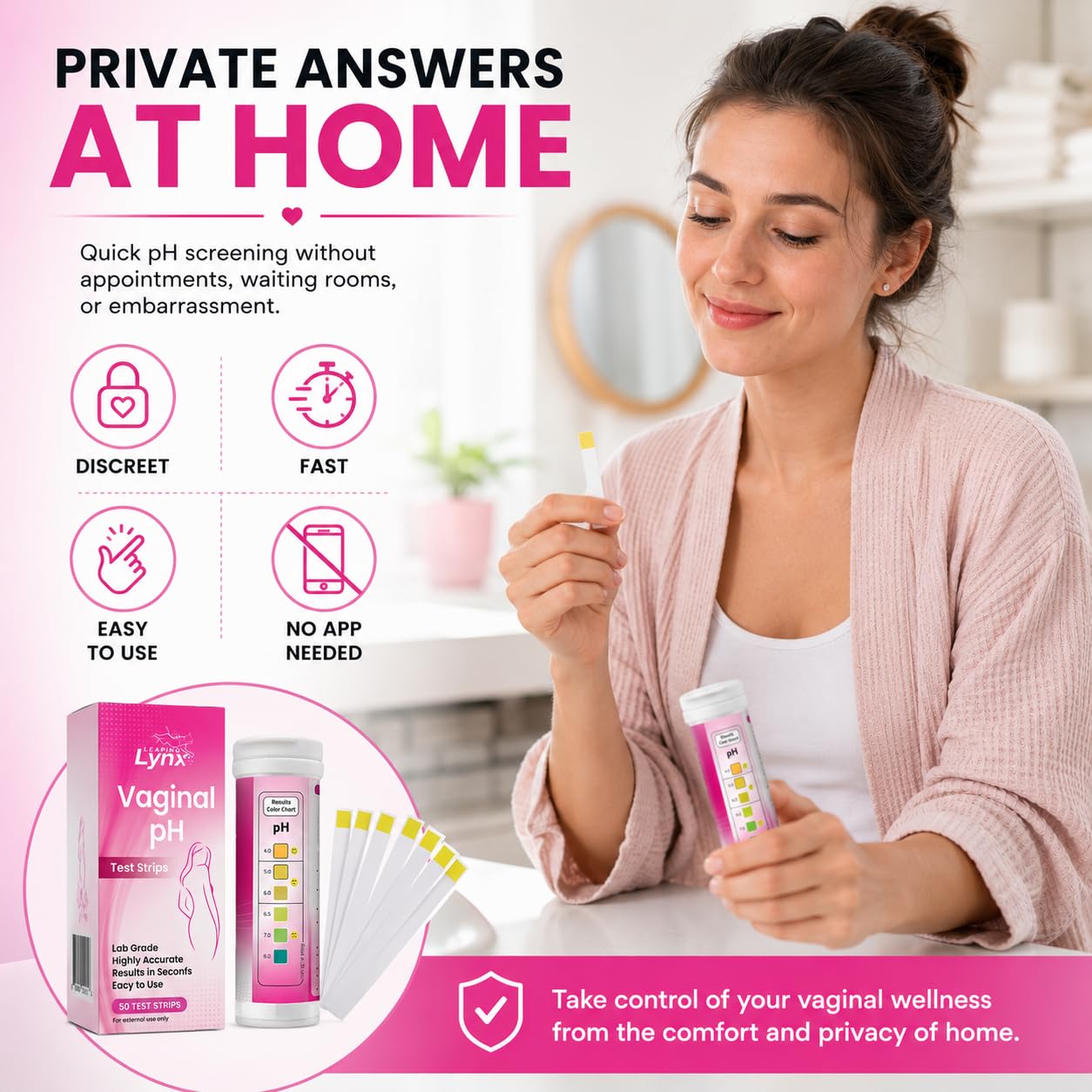 Vaginal pH Test Strips for Women – 50 Count | BV, Yeast & UTI Risk Screening | pH Range 4.0-8.0 | Easy Home Feminine Care Balance Check