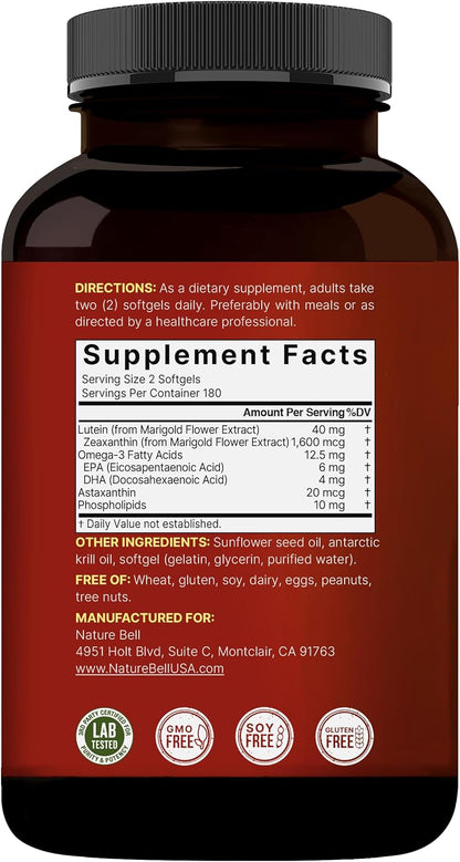 Lutein 40mg + Zeaxanthin 1,600mcg, 360 Softgels | 4-in-1 Formula with Astaxanthin, Omega-3 & Phospholipids | Marigold Flower Extract | Supports Eye, Brain & Vision Health | Non-GMO, Gluten Free