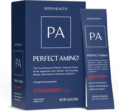 BodyHealth PerfectAmino Powder - BCAA and EAA Powder for Pre and Post Workout - Amino Acid Energy Drink for Men and Women to Support Lean Muscle and Recovery - Strawberry - Stick Packs - 15 Servings