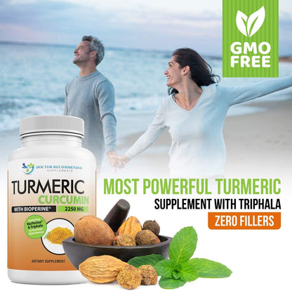 Turmeric Curcumin Supplement - 2250mg/d - Veggie Caps - 95% Curcuminoids with Black Pepper Extract (Bioperine) - 750mg Capsules - 100% Organic - Most Powerful Turmeric (180 Count)