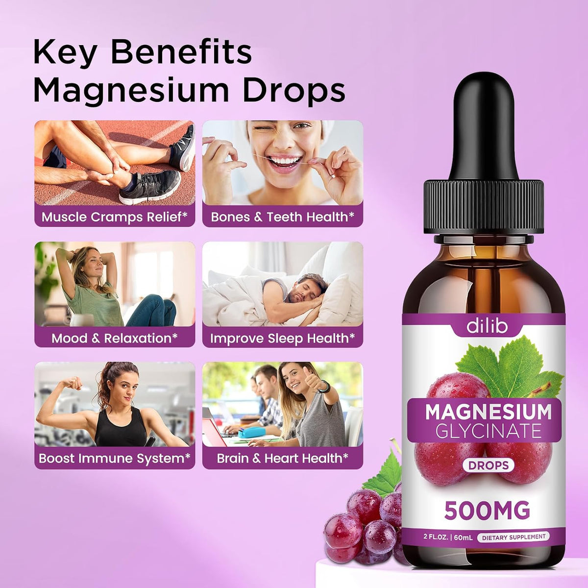 Magnesium Glycinate Liquid Drops, Magnesium Glycinate Supplement 500mg with Calcium, Zinc, Vitamin B6, D3, L-Theanine, Omega 3 for Sleep, Mood, Stress Relief, Bone, Muscle, Grape Flavor 2 Fl Oz