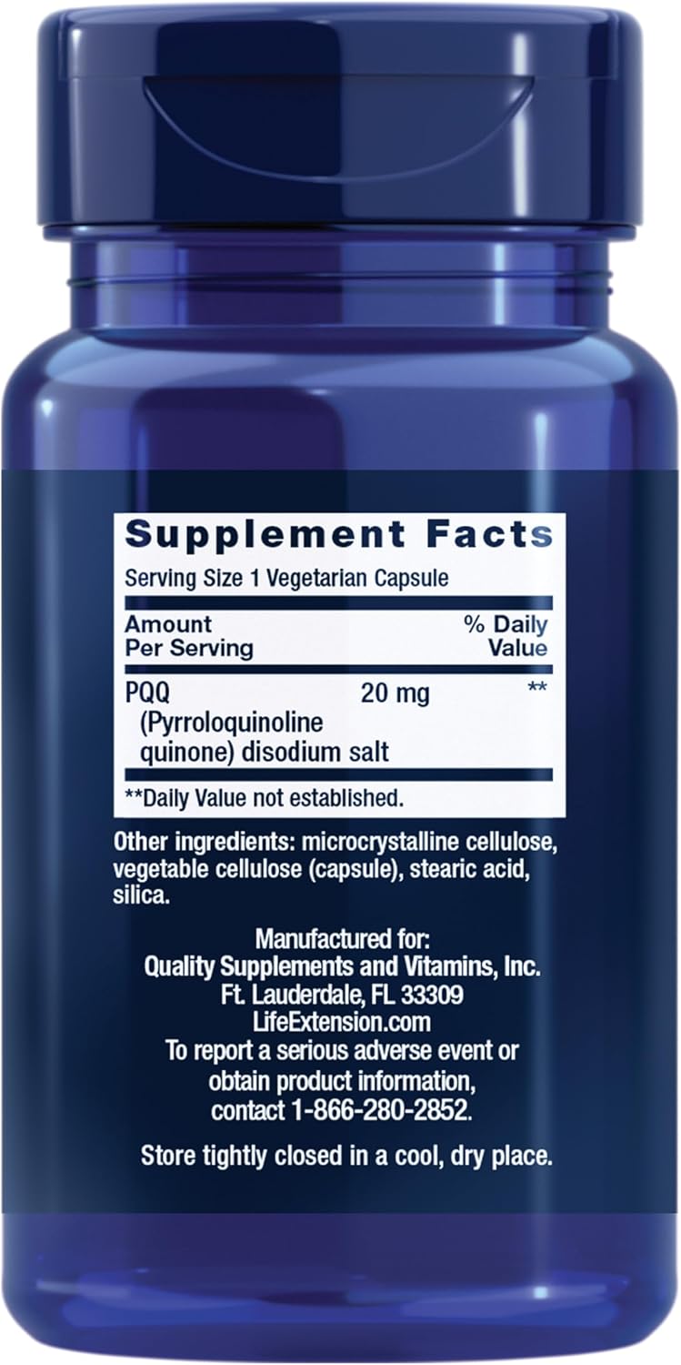 Life Extension PQQ, pyrroloquinoline Quinone, 20 mg, Promotes The Growth of New Mitochondria, Gluten-Free, Non-GMO, Vegetarian, 1 Daily, 30 Capsules | Pyrroloquinoline Quinone Promotes Cellular Energy & Mitochondrial Health, Take 1 Daily, Gluten-Free, Non