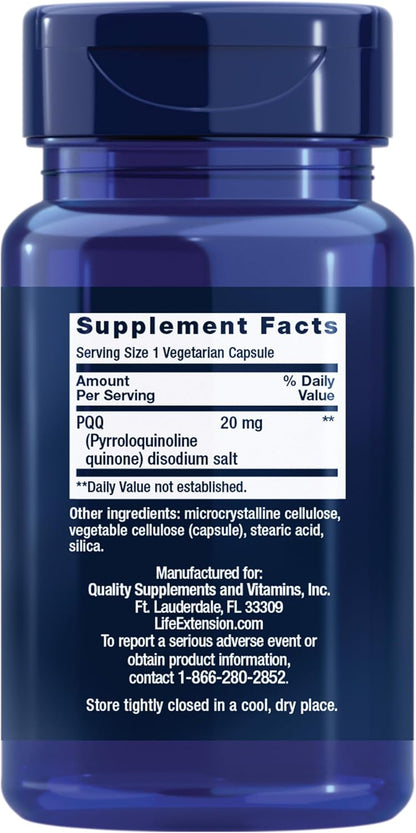 Life Extension PQQ, pyrroloquinoline Quinone, 20 mg, Promotes The Growth of New Mitochondria, Gluten-Free, Non-GMO, Vegetarian, 1 Daily, 30 Capsules | Pyrroloquinoline Quinone Promotes Cellular Energy & Mitochondrial Health, Take 1 Daily, Gluten-Free, Non