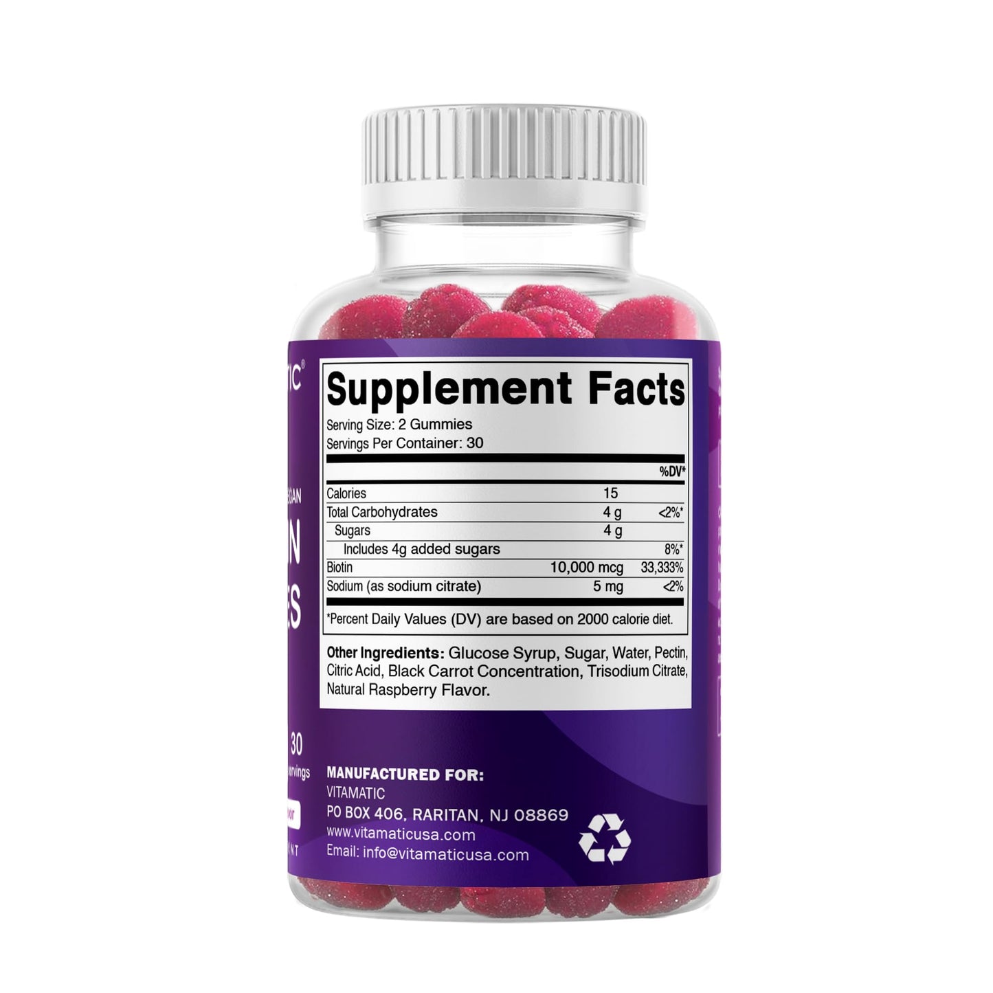 Vitamatic Biotin Gummies 10,000 mcg, 60 Vegan Gummies, Raspberry Flavor | 10000 mcg Per Serving, Natural Raspberry Flavor, Pectin Based, Non-GMO, Gluten Free, GMP Certified