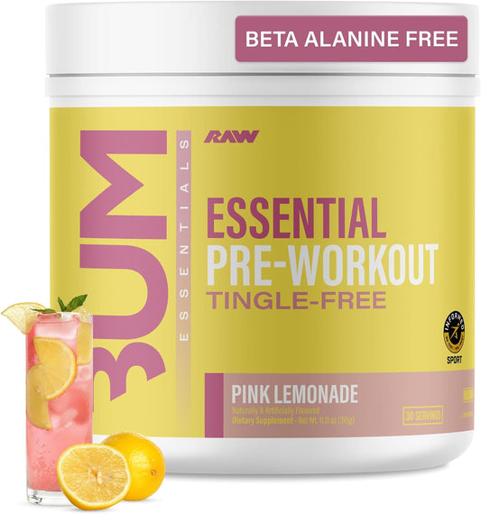 RAW Essential Tingle-Free Pre Workout Powder - Preworkout Without Beta-Alanine for Clean Energy & Focus - Workout Supplement with 200mg of Natural Caffeine - Pink Lemonade - 30 Servings
