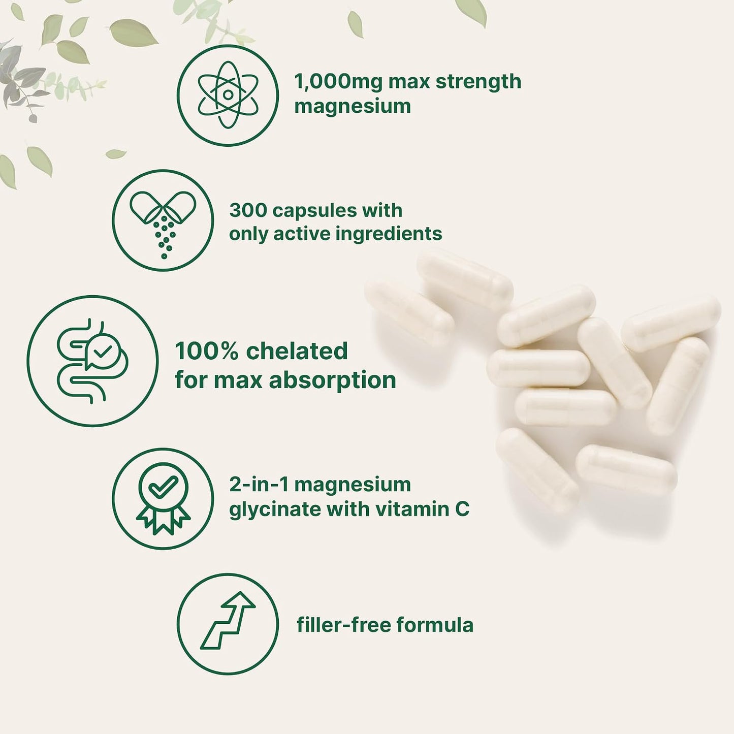 Pure Magnesium Glycinate 1,000mg, 300 Capsules | 100% Chelated for Max Absorption | Enhanced with Vitamin C | Only Uses Active Ingredients
