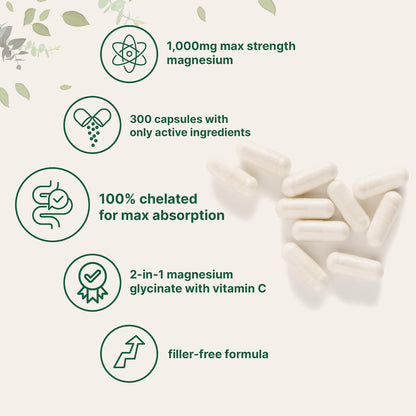 Pure Magnesium Glycinate 1,000mg, 300 Capsules | 100% Chelated for Max Absorption | Enhanced with Vitamin C | Only Uses Active Ingredients