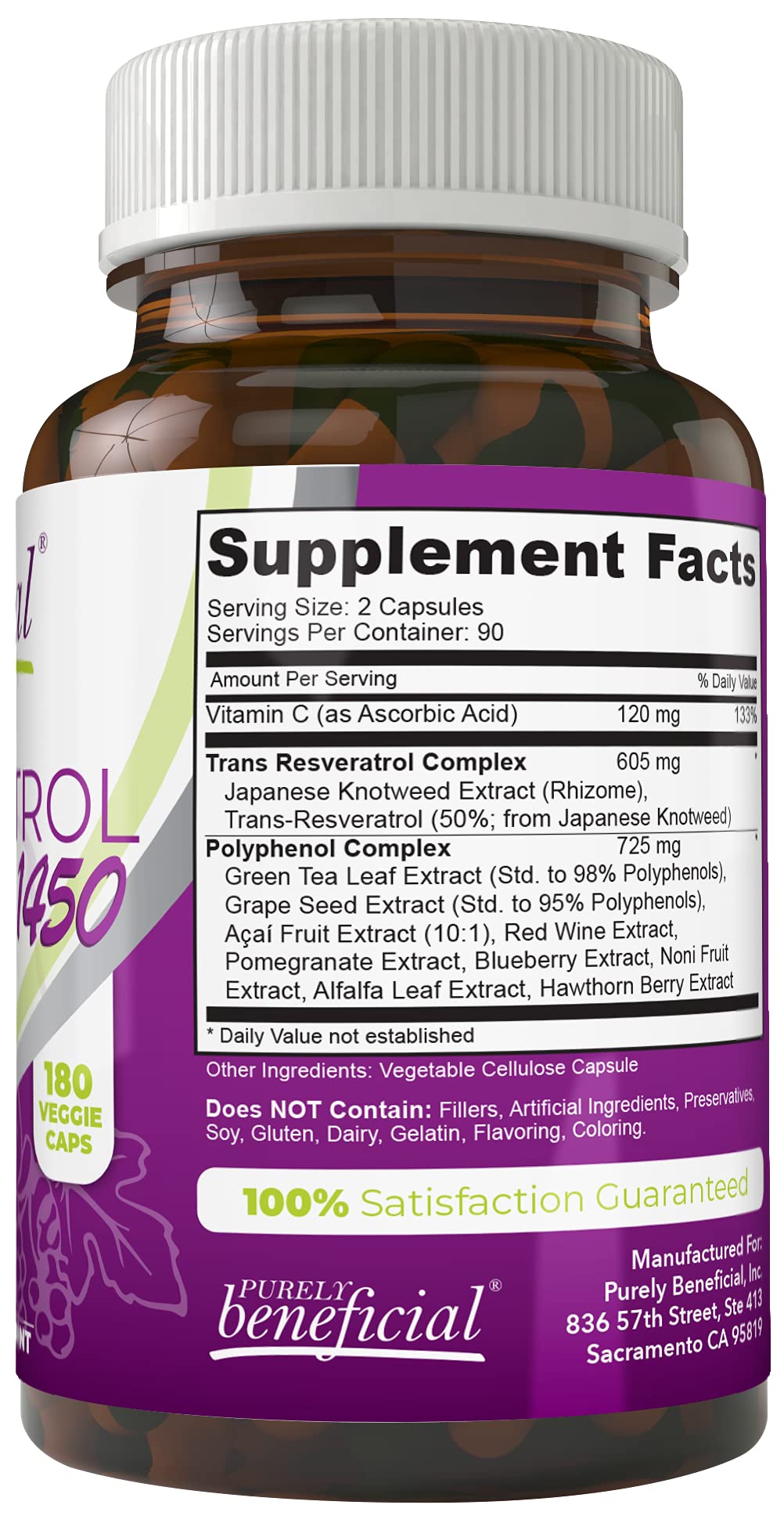 PURELY beneficial RESVERATROL1450-90day Supply, 1450mg per Serving of Potent Antioxidants