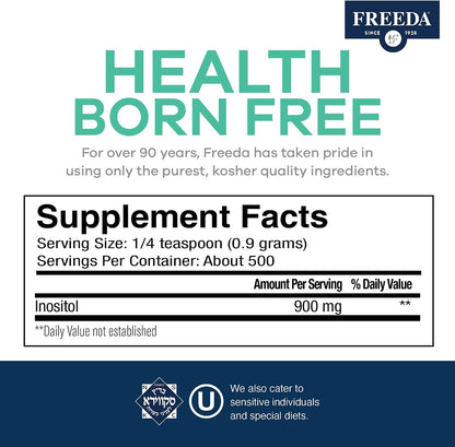 FREEDA Pure Myo-Inositol Powder – Vitamin B8 for Hormone, Mood & Cellular Health – Supports Fertility, Focus, Energy & Nervous System Function – Kosher, Vegan, Non-GMO, Gluten-Free (16 oz) | One-Ingredient Formula with No Fillers, Sweeteners, or Additives