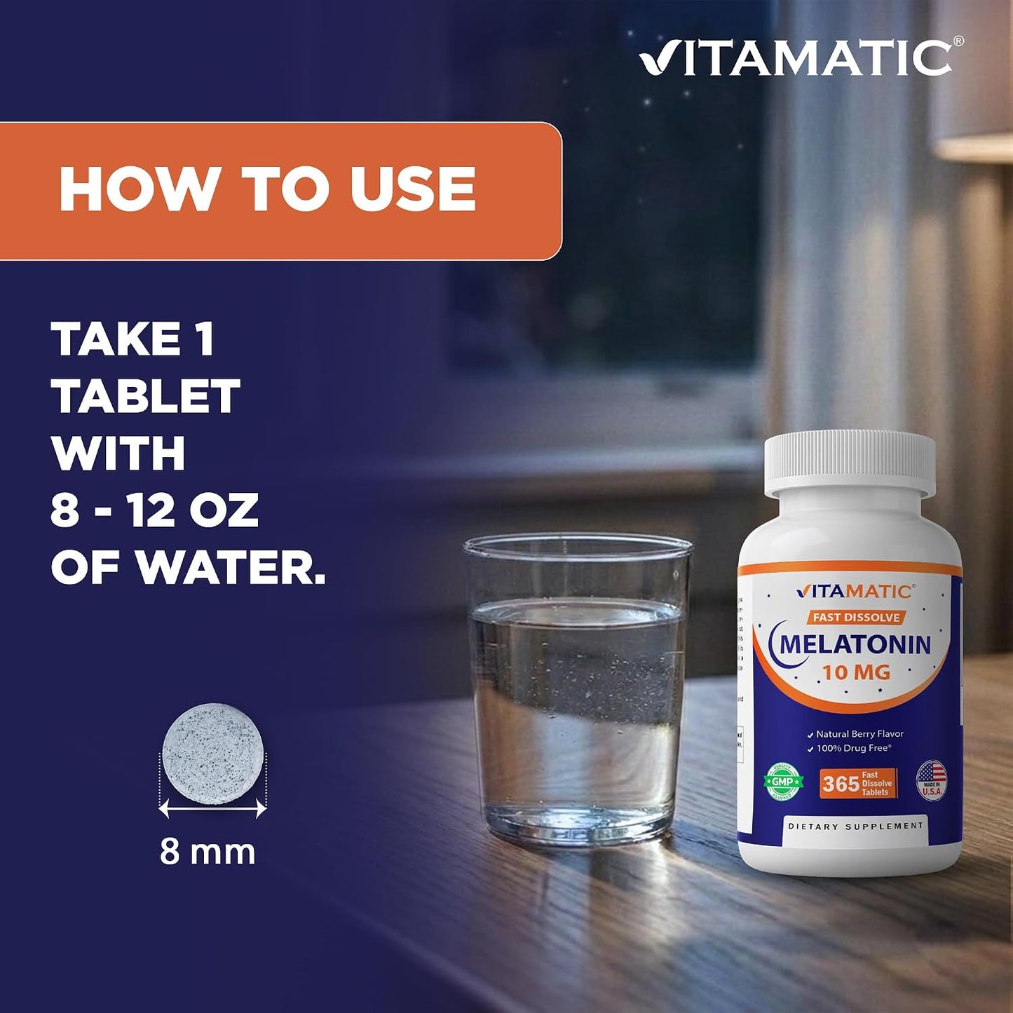Vitamatic Melatonin 10 mg Fast Dissolve Tablets – Quick-Dissolving Sleep Support Supplement for Adults – Vegetarian, Non-GMO & Gluten-Free – Natural Berry Flavor – 365 Tablets