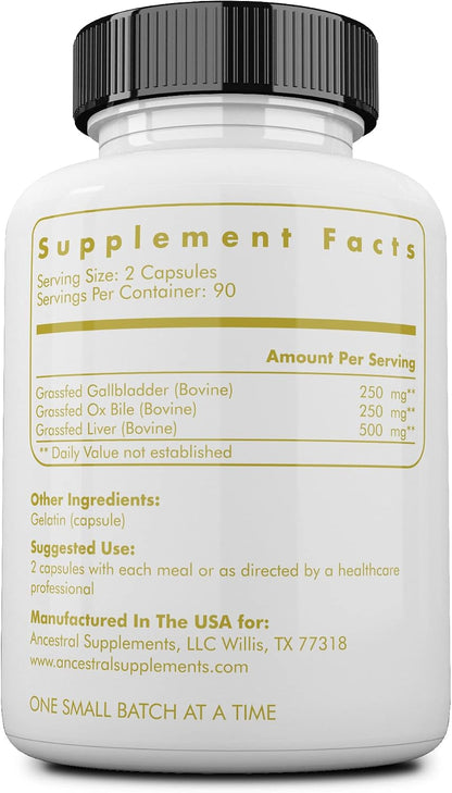 Ancestral Supplements Grass Fed Beef Gallbladder Supplement, 180 Ct | With ox bile and liver support, this formula promotes bile flow, digestive health and gallbladder function.