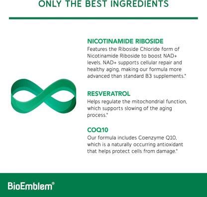 BioEmblem NAD+ Supplement | 300 mg Nicotinamide Riboside with CoQ10 & Resveratrol | Supports Healthy Aging, Cellular Energy and Cognitive Function | Non-GMO, Gluten Free - 45 Capsules