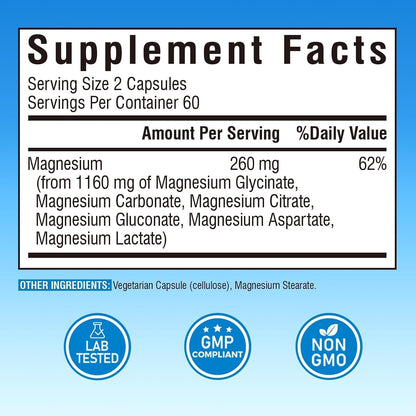 Vitalibre 6 in 1 Magnesium Complex for Women Men, 260mg Elemental Magnesium | Max Absorption | Chelated Magnesium Supplement for Bone, Relaxation & Nerves Support | Non-GMO, 120 Vegan Capsules