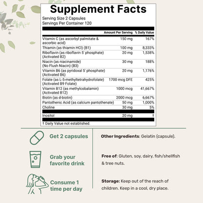 Micro Ingredients Pure Methylated B Complex, 240 Capsules | 11-in-1 Formula with Methylfolate, B12, Thiamin, Inositol, Choline, & Fat Soluble Vitamin C | Clean Ingredients Without Fillers | Non-GMO