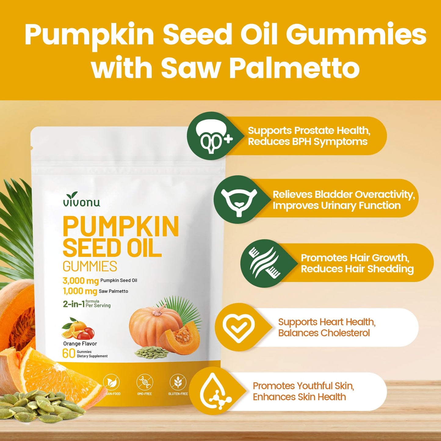 Organic Pumpkin Seed Oil Gummies,Cold Pressed Pumpkin Seed Oil with Saw Palmetto Gummies,for Prostate Health,BPH Support,Hair & Bladder Control - Non-GMO,Sugar-Free