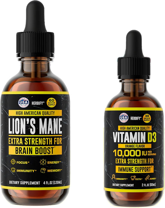 HERBIFY Bundle - Lions Mane & Vitamin D3 2 Fl Oz Drops - Supplement for Memory, Focus & Clarity & Immune Support, Bone Strength and Teeth Support Supplement