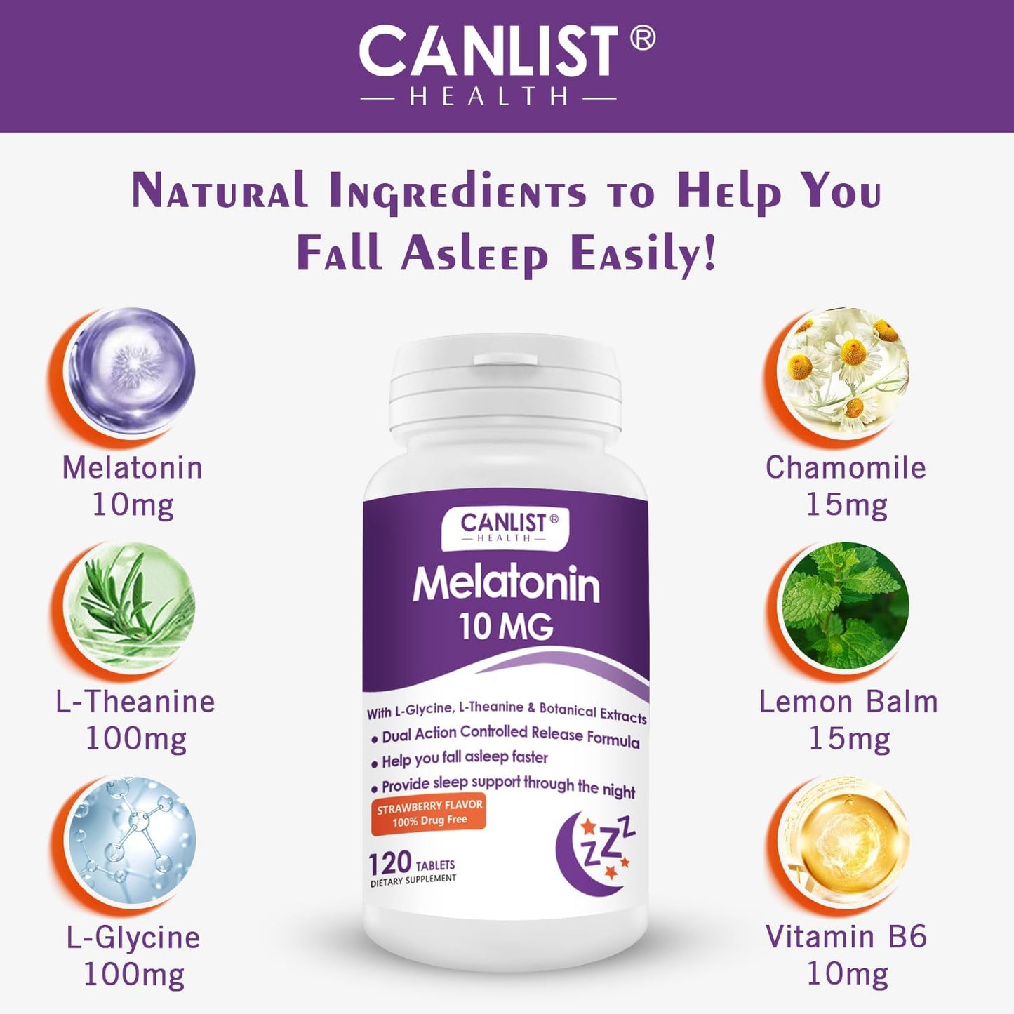 CANLIST Extra Strength Melatonin 10mg Tablets, Sleep Support, Fall Asleep Faster, Non-Habit Forming Sleep Aids for Adults, Sleep Cycle Regulation, Vegan, Non-GMO & Gluten-Free, 120 Tablets