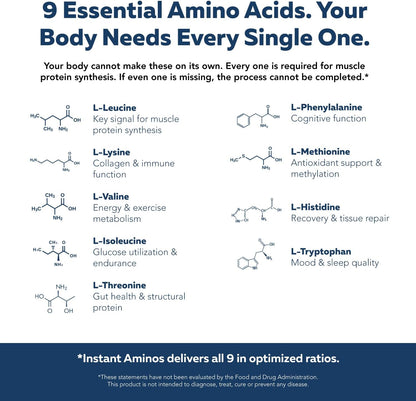 Instant Aminos Tablets - EAA+BCAA - 10 Essential Amino Acids Supplement - Rapid Absorption, No Digestion Required - Supports Lean Muscle, Recovery & Aging - 321% DIAAS Protein Score (1 month supply)