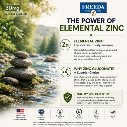 FREEDA Elemental Zinc 30mg – Vegan Immune, Skin & Eye Support – 100 Tabs | Tiny Easy-to-Swallow Tablets Made with Zinc Gluconate – Gluten-Free, Kosher, and Made in USA GMP-Compliant Facilities