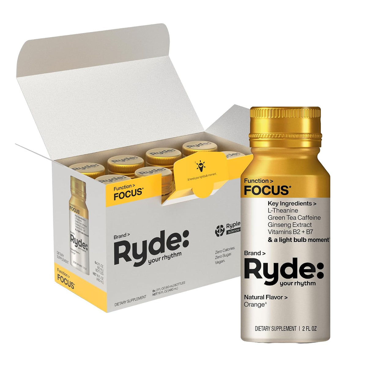 RYDE Shots Energize + Focus, Essential B Vitamins and Caffeine, Zero Calories, Zero Sugar, Pack of 16