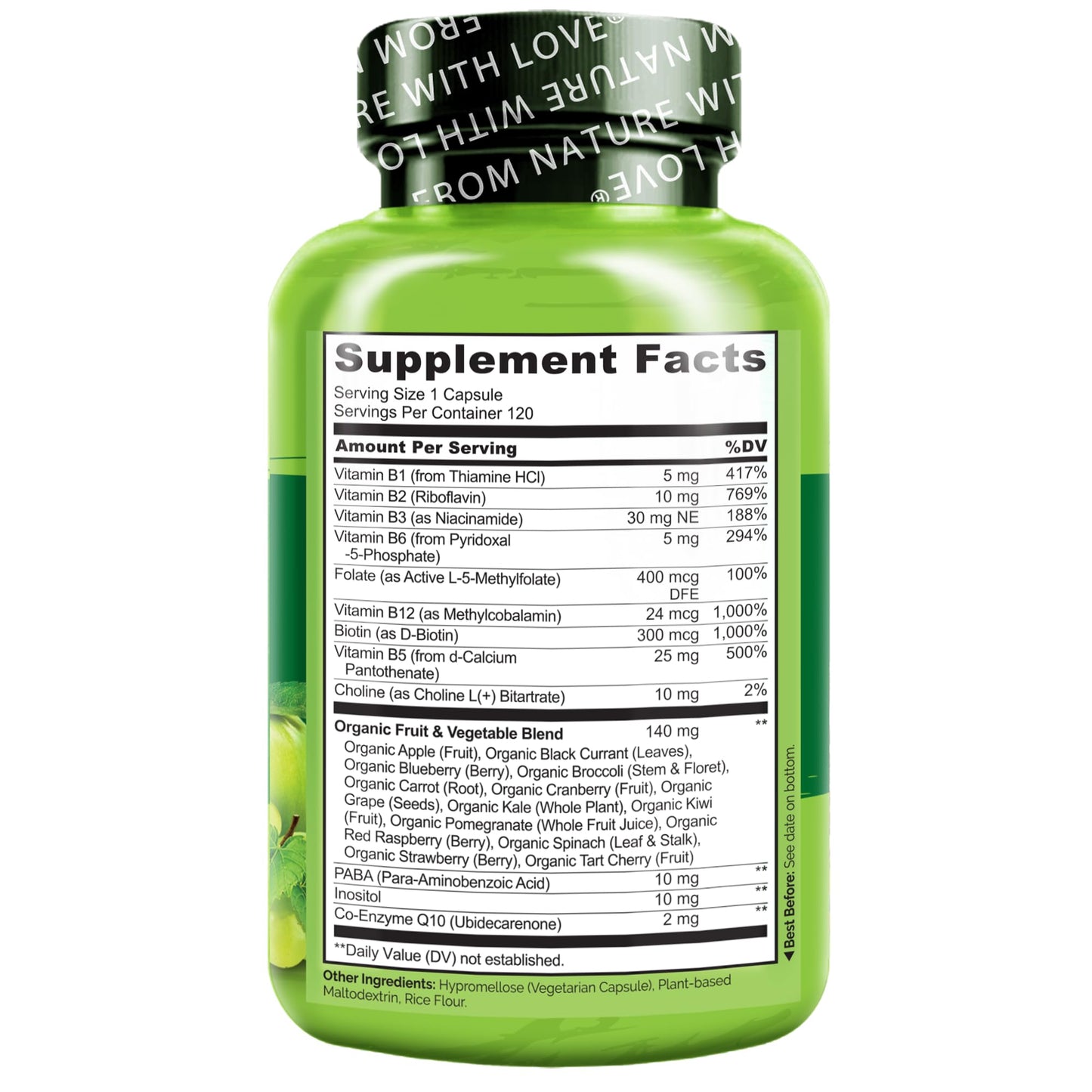 NATURELO Vitamin B Complex,120 Capsules, Vegan, CoQ10, Methyl Folate, Biotin, Fruit & Veg Blend, Supports Energy and Healthy Stress Response, Super B Complex Vitamins for Women and Men